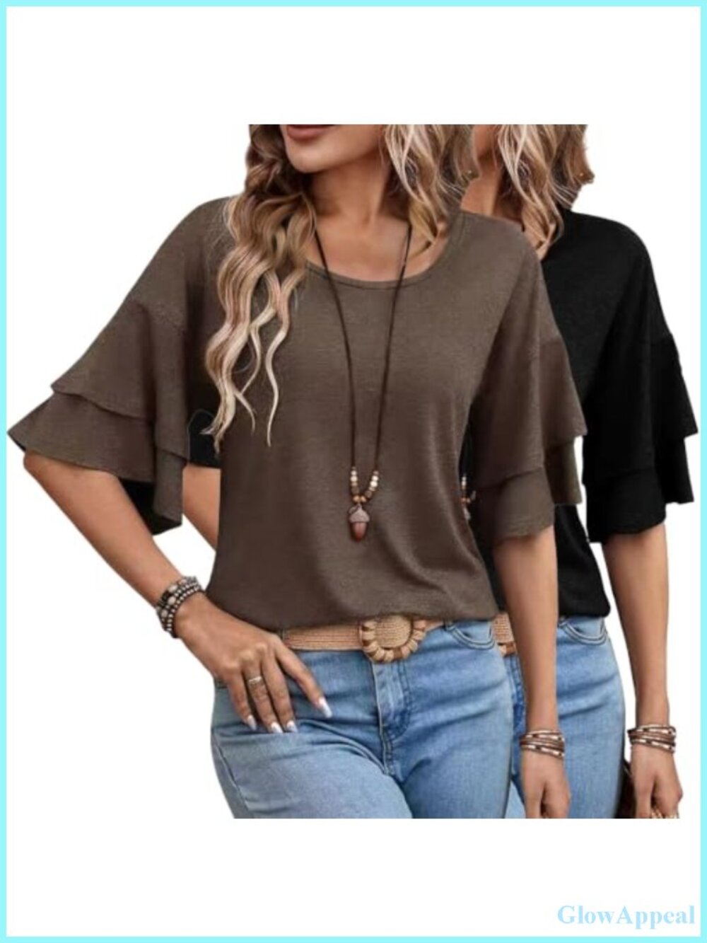 Women's Double Ruffle Bell Sleeve Blouse, Crew Neck Loose Fit Top
